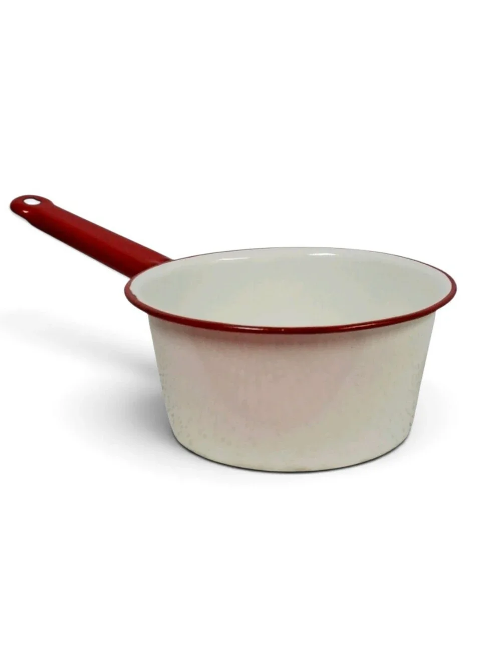 Vintage Red White Enamelware Saucepan Cookware Farmhouse Kitchen Collectible